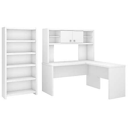 kathy ireland® Office by Bush Business Furniture Echo L Shaped Desk With Hutch And 5 Shelf Bookcase, Pure White, Premium Installation