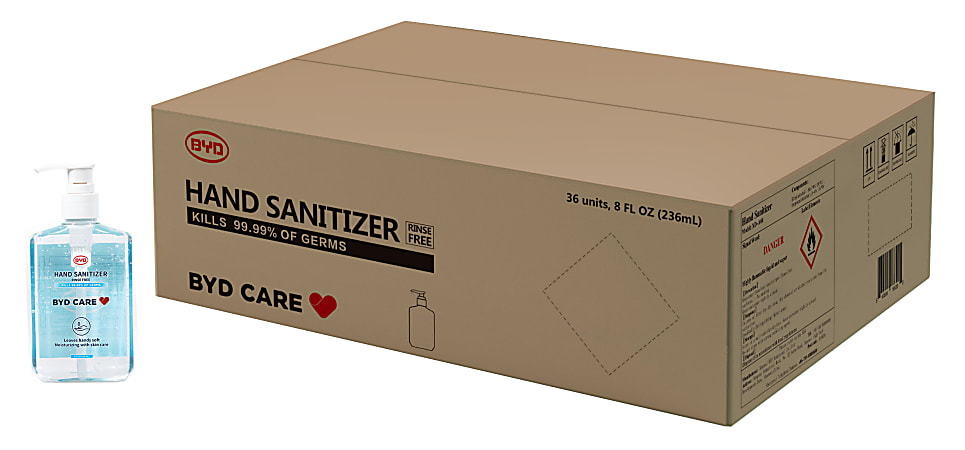 BYD Care Antibacterial Gel Hand Sanitizer, Fragrance Free, 8 Oz, Case Of 36 Pump Bottles