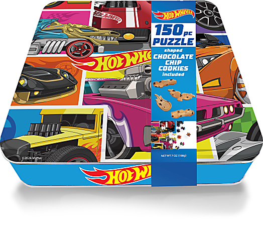 Original Gourmet Food Co. Hot Wheels&trade; Puzzle Tin, 150 Ct Puzzle, 7 Oz Chocolate Chip Cookies