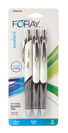 FORAY® Embark Retractable Ballpoint Pens, Medium Point, 1.0 mm, Gray/White Barrel, Black Ink, Pack Of 3