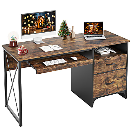 Bestier 56"W Office Desk With Drawers & Tray, Rustic Brown