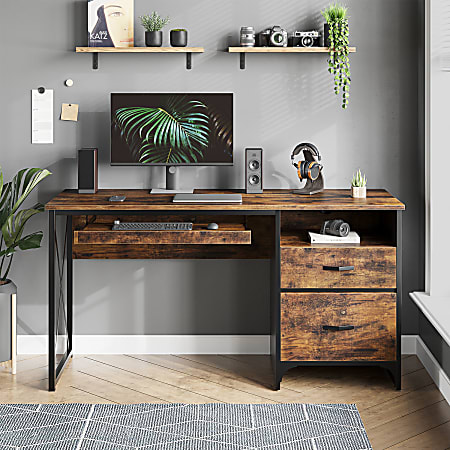 Bestier 56"W Office Desk With Drawers & Tray, Rustic Brown