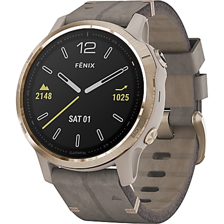 Garmin finix 6S Sapphire GPS Watch - Touchscreen - Bluetooth - Wireless LAN - GPS - 480 Hour - Round - 1.65" - Light Gold Case - Shale Gray Band - Sapphire Crystal Lens
