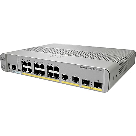 Cisco 3560CX-12PD-S Layer 3 Switch - 12 Ports - Manageable - 10/100/1000Base-T, 1000Base-X - 3 Layer Supported - 2 SFP Slots - PoE Ports - Desktop, Rack-mountable, Rail-mountable - Lifetime Limited Warranty