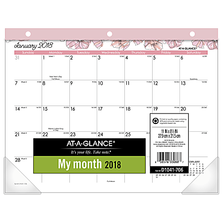 AT-A-GLANCE® Blush Monthly Desk Pad Calendar, Mini, 8 1/2" x 11", 30% Recycled, January to December 2018 (D1041-706-18)