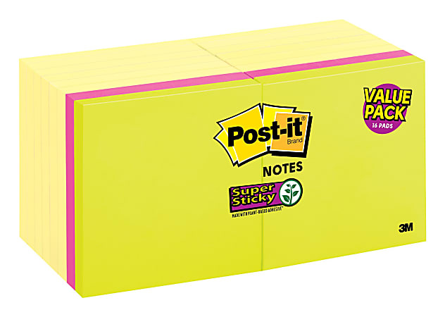 Post it® Super Sticky Notes, 3" x 3", Canary Yellow, Pack Of 16 Pads