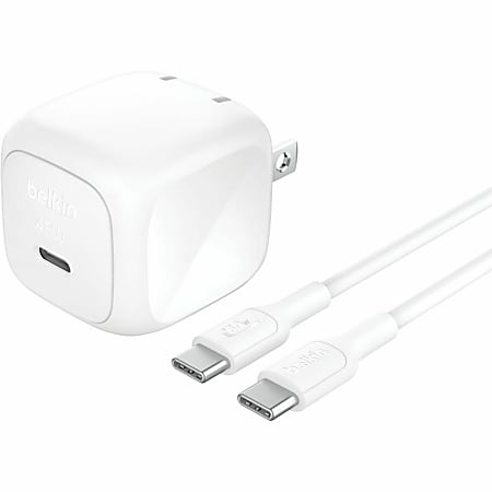 Belkin 45W Portable Cubic USB-C Wall Charger w/ USB-C Cable - 1xUSB-C - Foldable Prongs - Fast Charge - Power Adapter - White - 45 W - 3.30 ft Cable