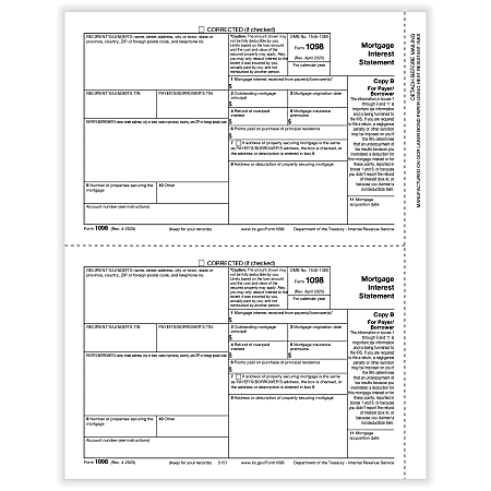 ComplyRight® 1098 Tax Forms, 2-Up, Payer/Borrower Copy B, Laser, 8-1/2" x 11", Pack Of 100 Forms