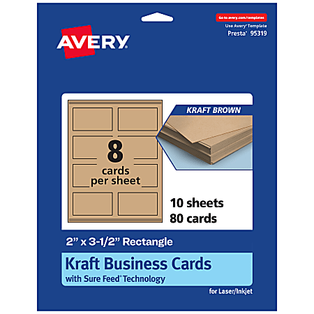 Avery® Printable Business Cards With Sure Feed® Technology, Print-To-The-Edge, 2"x3.5", Kraft Brown, Pack Of 80