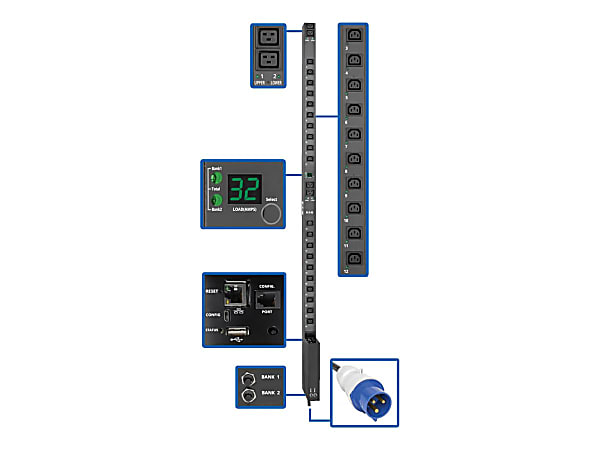 Tripp Lite 7.4kW Single-Phase Switched PDU w/LX Platform Interface, 230V Output, IEC 309 32A Blue, 10 ft. Cord, 0U, TAA - PDUMV32HVNETLX