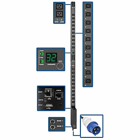 Tripp Lite 7.4kW Single-Phase Switched PDU w/LX Platform Interface, 230V Output, IEC 309 32A Blue, 10 ft. Cord, 0U, TAA - PDUMV32HVNETLX