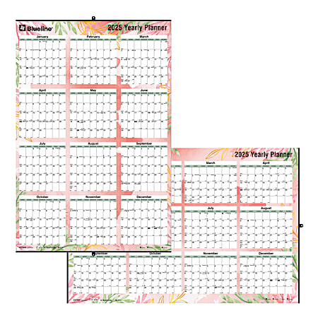 2025 Blueline Colorful Laminated, Reversible And Erasable Yearly Wall Planner, 24" x 36", Tropical, January To December, C171920