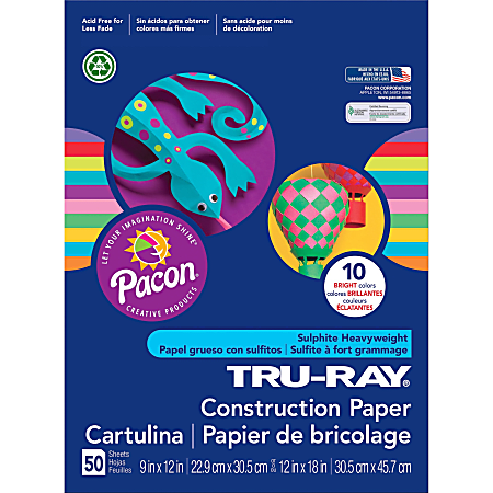 Tru-Ray® Construction Paper, 50% Recycled, 9" x 12", Assorted Brights, Pack Of 50