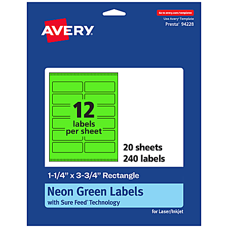 Avery® Print-To-The-Edge Labels With Sure Feed® Technology And Easy Peel® Label Feature, 94228-NGP20, Rectangle, 1-1/4" x 3-3/4", Matte Neon Green, Pack of 240