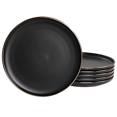 Elama Paul 6-Piece Round Stoneware Salad Plate Set, 8", Matte Black/Gold