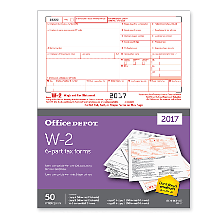 Office Depot® Brand W-2 Inkjet/Laser Tax Forms For 2017 Tax Year, 2-Up, 6-Part, 8 1/2" x 11", Pack Of 50