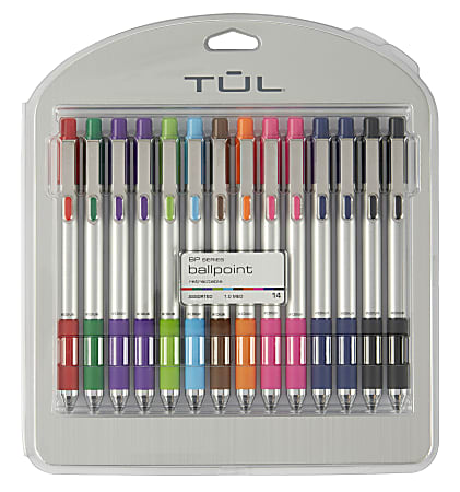 TUL® BP Series Retractable Ballpoint Pens, Medium Point, 1.0 mm, Silver Barrel, Assorted Inks, Pack Of 14 Pens