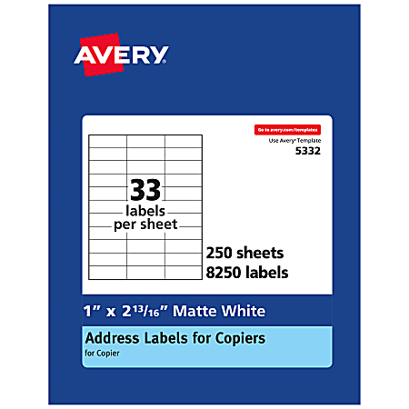 Avery® Copier Permanent Address Labels, 5332, 1" x 2 13/16", White, Pack Of 8,250