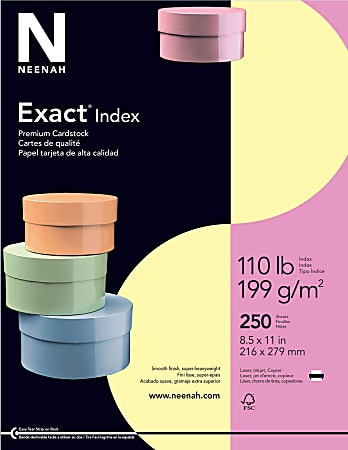 Neenah Exact® Index Card Stock, 8 1/2" x 11", 110 Lb., Canary, Pack Of 250 Sheets