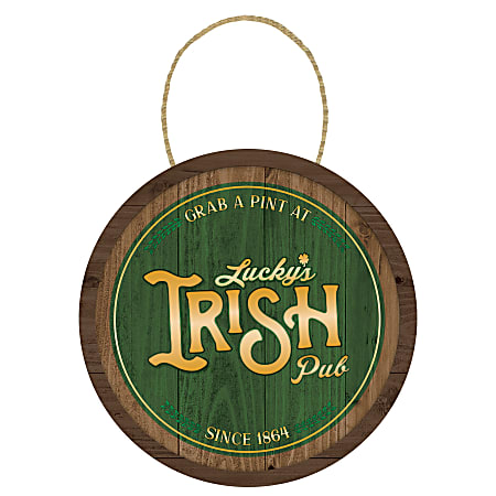 Amscan St. Patrick's Day Hanging Barrel Pub Signs, 10" x 1", Green, Pack Of 2 Signs