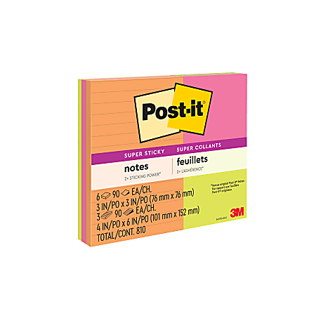 Post-it® Super Sticky Notes, 9 Pads, 90 Sheets/Pad, Lined and Unlined, Assorted Sizes, Energy Boost Collection
