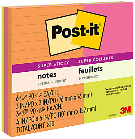 Post-it Super Sticky Notes, Assorted Sizes, Energy Boost Collection, Lined and unlined, 9 Pads/Pack, 90 Sheets/Pad