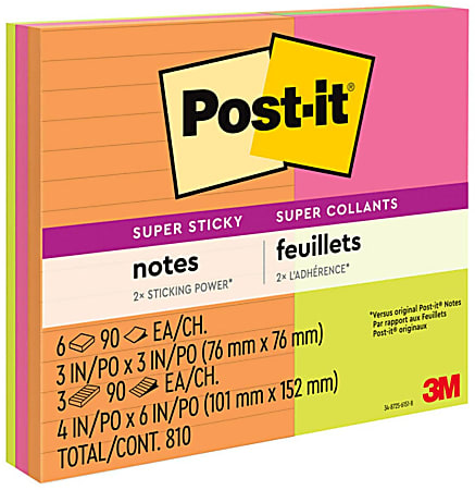 Post-it® Super Sticky Notes, 9 Pads, 90 Sheets/Pad, Lined and Unlined, Assorted Sizes, Energy Boost Collection
