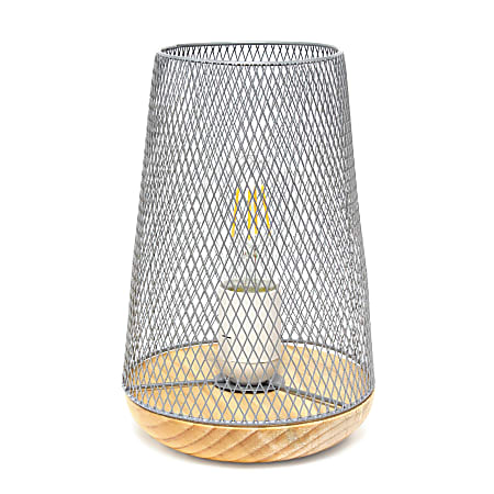 Simple Designs Wired Mesh Uplight Table Lamp, 9"H, Gray Shade/Natural Wood Base