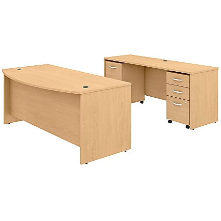 Bush Business Furniture Studio C Bow Front Desk And Credenza With Mobile File Cabinets, 72"W x 36"D, Natural Maple, Standard Delivery