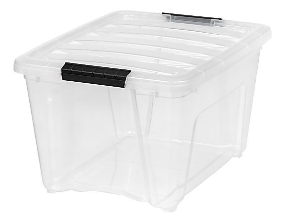 Iris 32 qt Plastic Storage Bins, Stackable Storage Container with Secure Latching Buckles and Black Lid, Clear