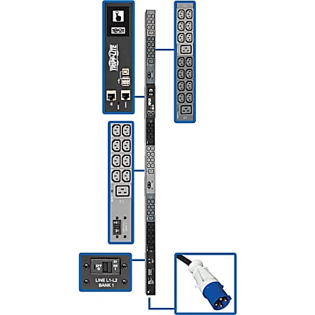 Tripp Lite 14.5kW 3-Phase Monitored PDU, LX Interface, 200/208/240V Outlets (42 C13/6 C19), LCD, IEC 309 60A Blue, 3m/10 ft. Cord, 0U 1.8m/70in., TAA