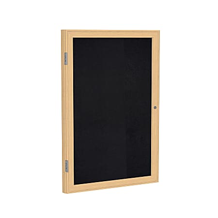 Ghent 1 Door Enclosed Recycled Rubber Bulletin Board, Oak Wood Frame, 36"H x 30"W, Black