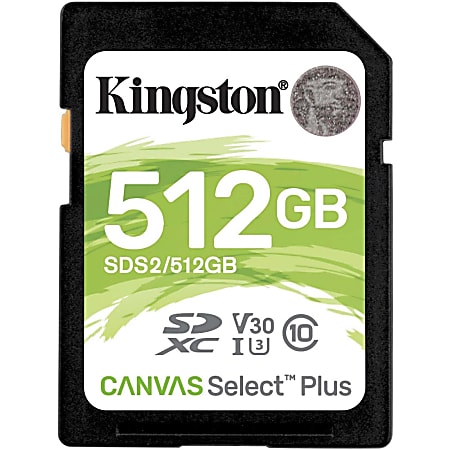 Kingston Canvas Select Plus SDS2 512 GB Class 10/UHS-I (U3) SDXC - 1 Pack - 100 MB/s Read - 85 MB/s Write - Lifetime Warranty