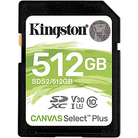 Kingston Canvas Select Plus SDS2 512 GB Class 10/UHS-I (U3) SDXC - 1 - 100 MB/s Read - 85 MB/s Write - Lifetime Warranty