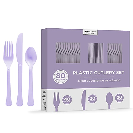 Amscan 8016 Solid Heavyweight Plastic Cutlery Assortments, Lavender, 80 Pieces Per Pack, Set Of 2 Packs