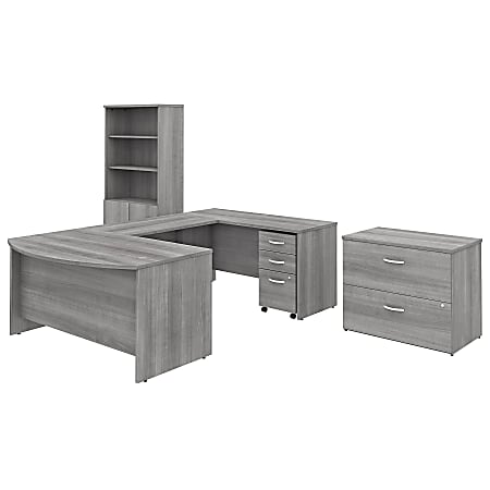 Bush Business Furniture Studio C 60"W x 36"D U-Shaped Desk With Bookcase And File Cabinets, Platinum Gray, Premium Installation