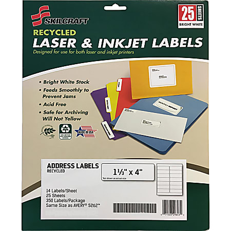 SKILCRAFT® Recycled Address Labels - 1 21/64" Width x 4" Length - Rectangle - Laser, Inkjet - White - Paper - 14 / Sheet - 350 / Pack - TAA Compliant
