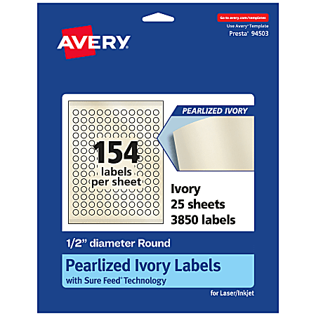 Avery® Pearlized Permanent Labels With Sure Feed®, 94503-PIP25, Round, 1/2" Diameter, Ivory, Pack Of 3,850 Labels