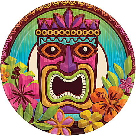 Amscan Summer Luau Tropical Tiki Paper Plates, 7", Multicolor, Pack Of 60 Plates