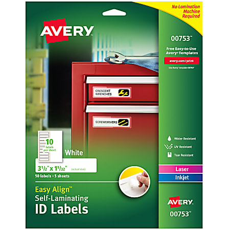 Avery® Easy Align® Self-Laminating ID Labels, 00753, Rectangle, 3-1/2" x 1-1/32", White, Pack of 50