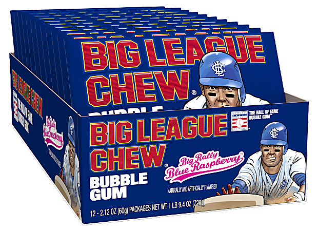 Big League Chew Big Rally Blue Raspberry Bubble Gum, 2.12 Oz, Pack Of 12 Bubble Gum Bags