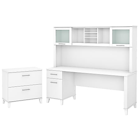 Bush Furniture Somerset 72"W Office Desk With Hutch And Lateral File Cabinet, White, Standard Delivery
