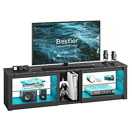 Bestier 63" Gaming TV Stand For 70" TV With Glass Shelves, 20-9/16”H x 63”W x 13-13/16”D, Black Marble