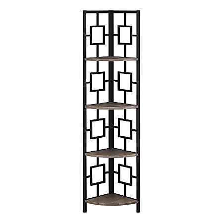 Monarch Specialties Astrid 62"H 4-Shelf Corner Bookcase, Dark Taupe/Black