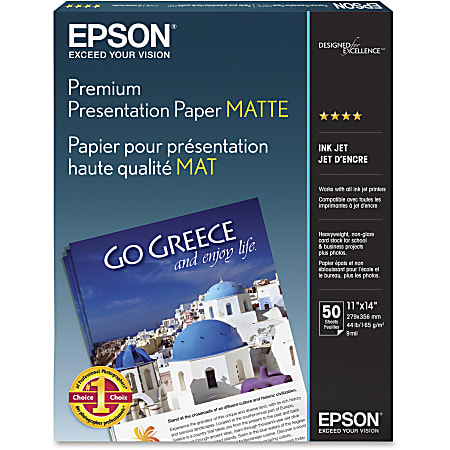 Epson® Very High Resolution Print Paper, 11 x 14, 97 (U.S.) Brightness,  44 Lb, Ream Of 50 Sheets