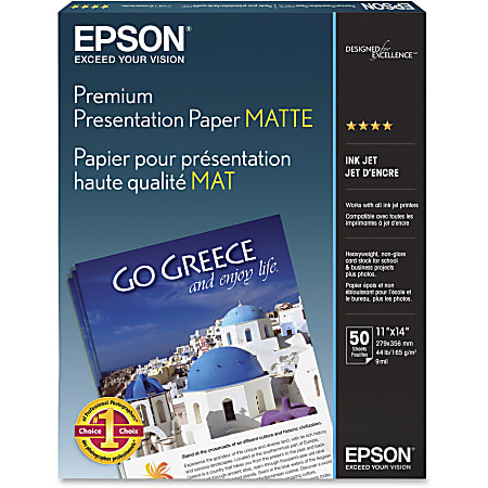 Epson® Premium Presentation Inkjet Paper, Matte, White, Legal Size (11" x 14"), Ream Of 50 Sheets, 44 Lb, 97 Brightness