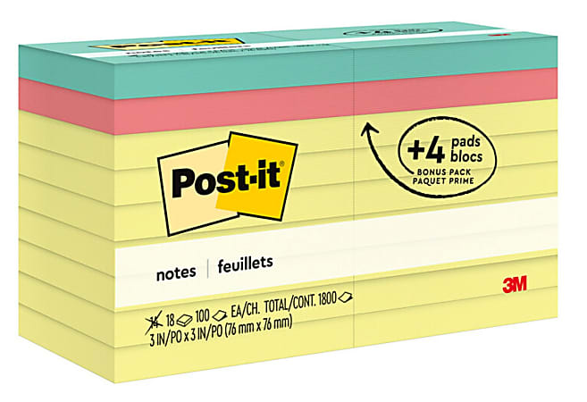 Post-it Notes Value Pack, 3 in x 3 in, 18 Pads, 100 Sheets/Pad, Clean Removal, Canary Yellow
