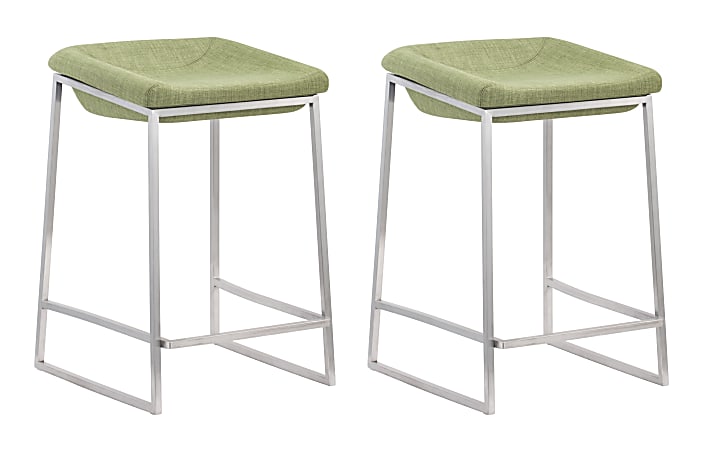 Zuo Modern® Lids Counter Stools, Green/Brushed Steel, Set Of 2 Stools