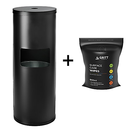 Gritt Commercial Floor Stand Wet Wipe Dispenser Station, With 7-Gallon Built-In Trash Can And 800 Surface Care Wipes, Black/Silver
