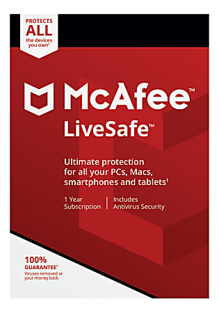 McAfee&reg; LiveSafe&trade; AntiVirus Software, Unlimited Devices, For PC And Apple&reg; Mac&reg;, Android and iOS, Product Key Card